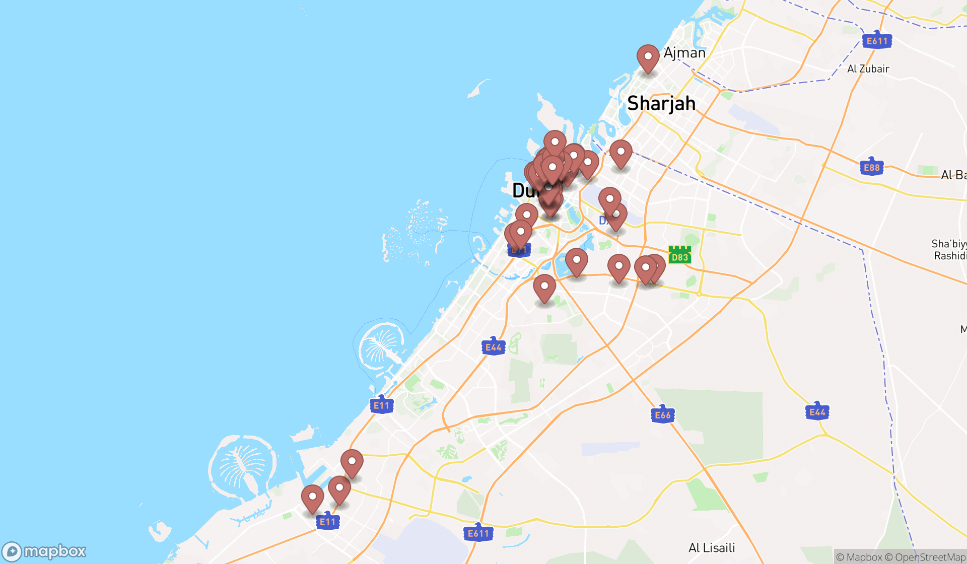 Map showing the search results in Dubai