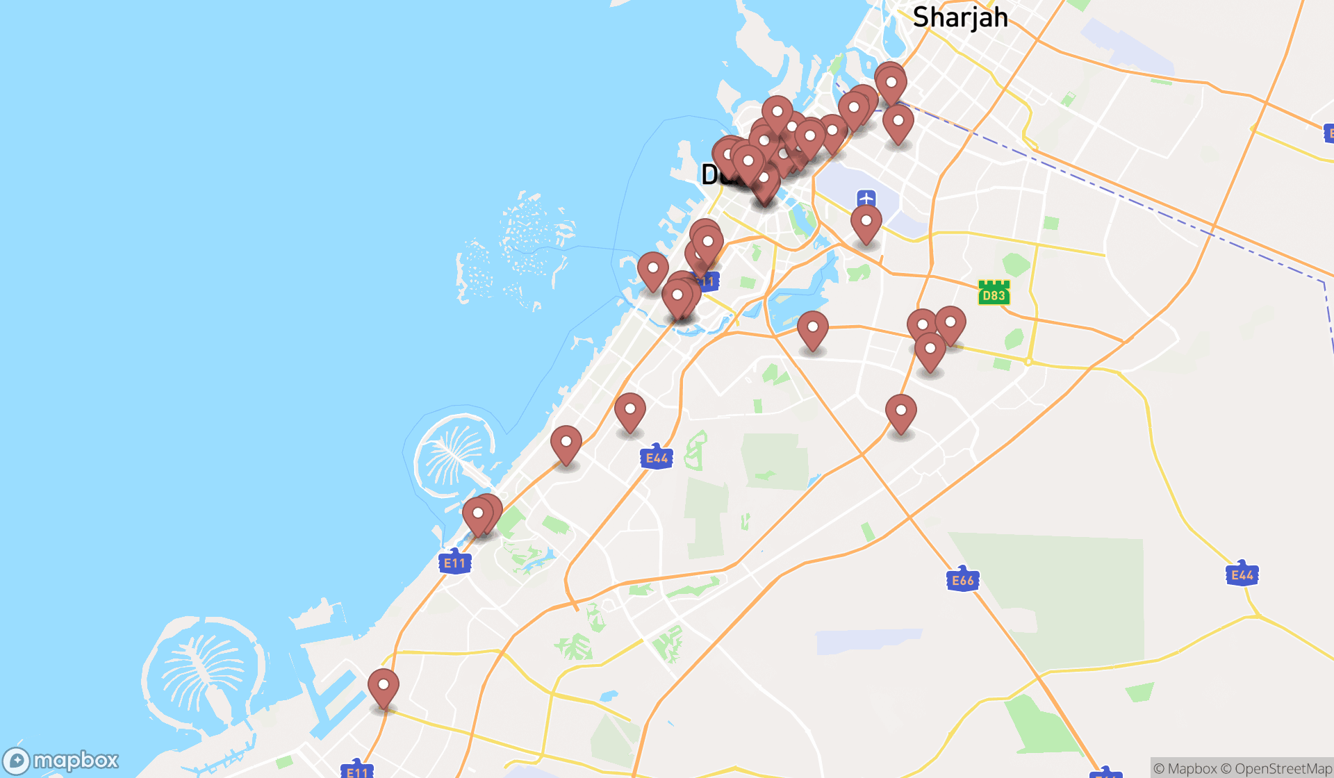 Map showing the search results in Dubai
