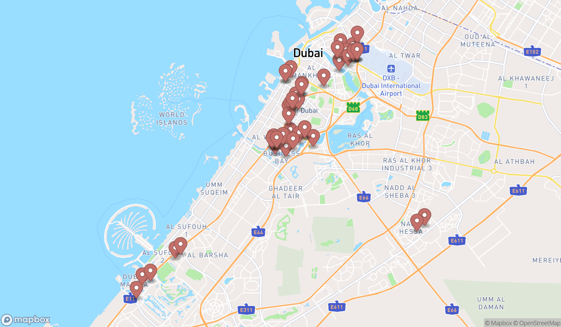 Map showing the search results in Dubai