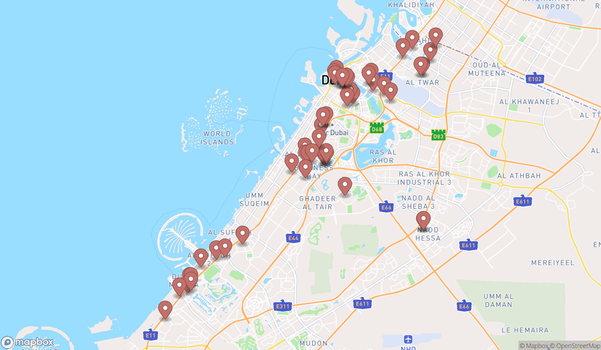 Map showing the search results in Dubai