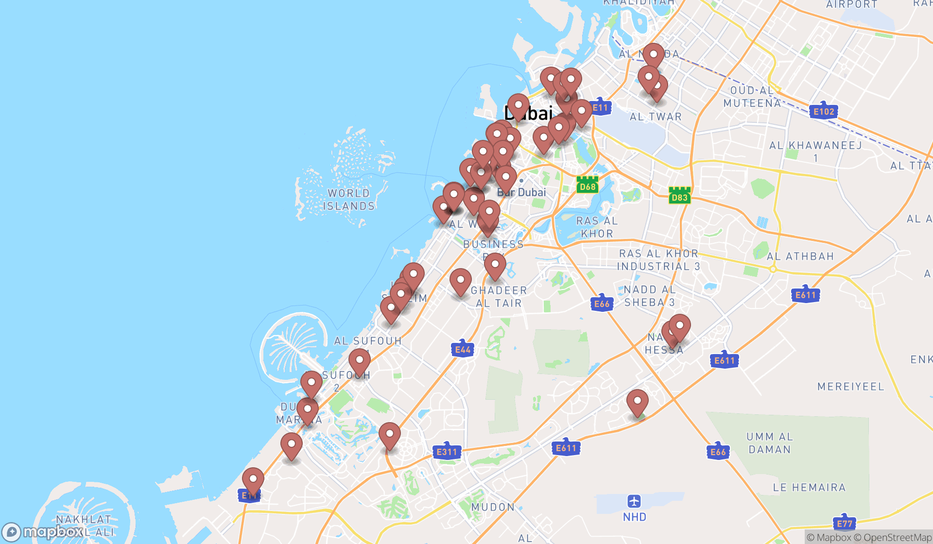 Map showing the search results in Dubai