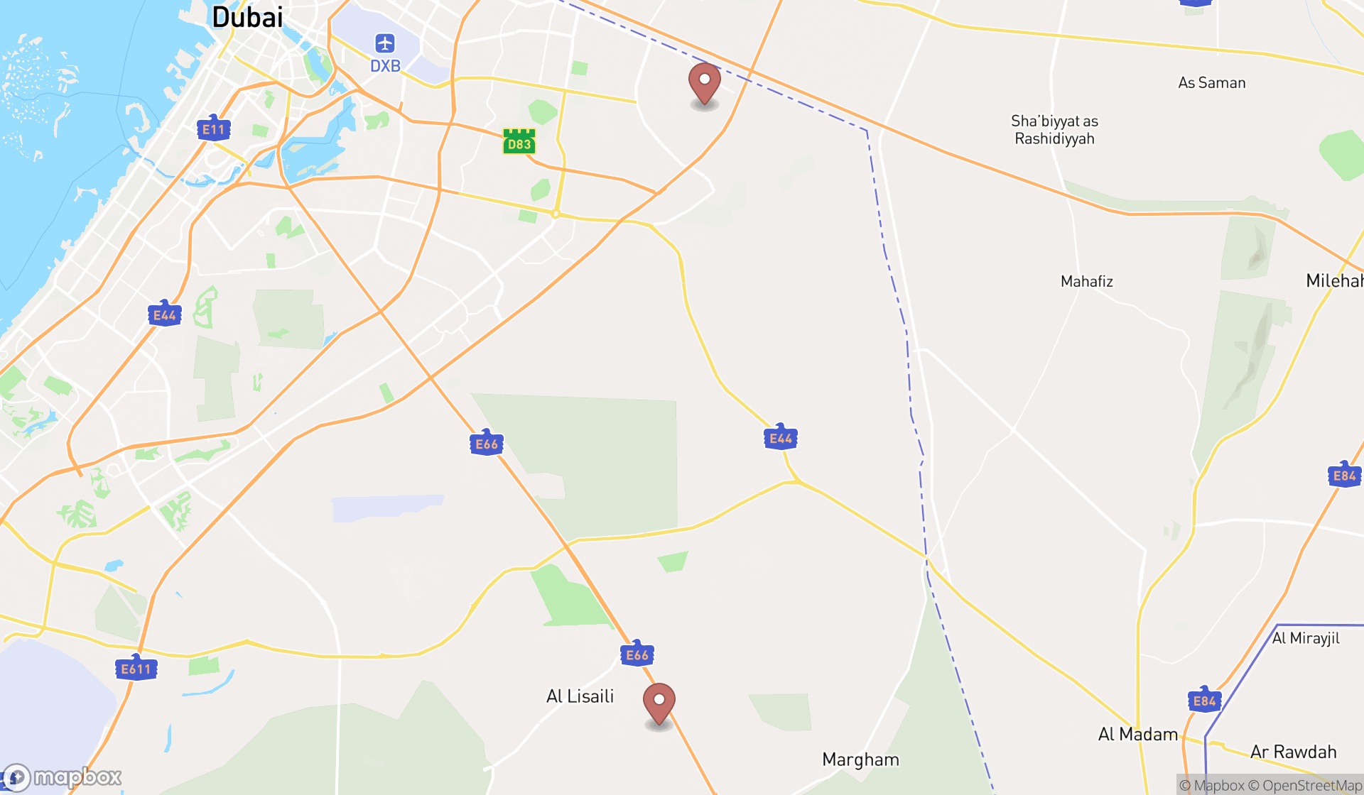 Map showing the search results in Dubai