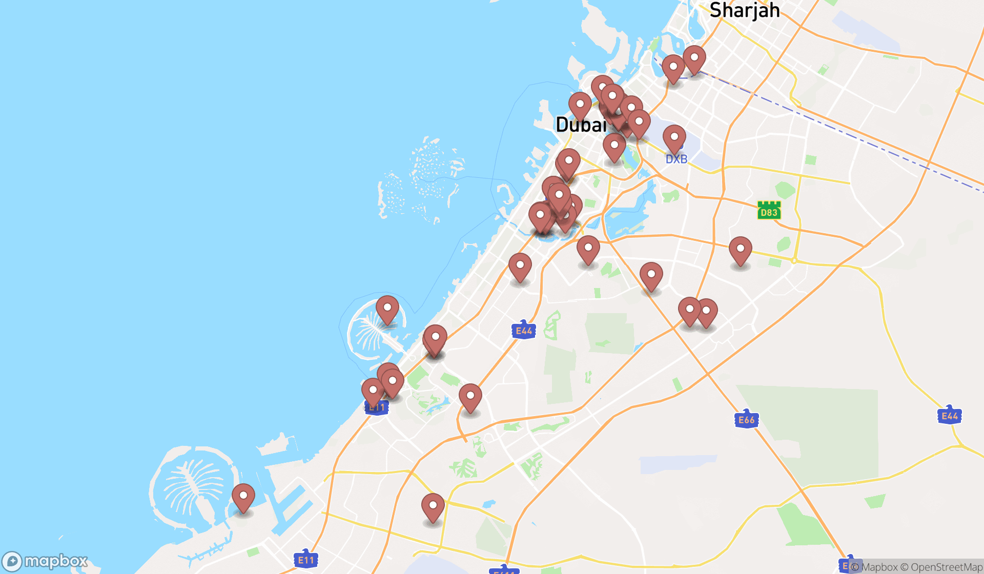 Map showing the search results in Dubai