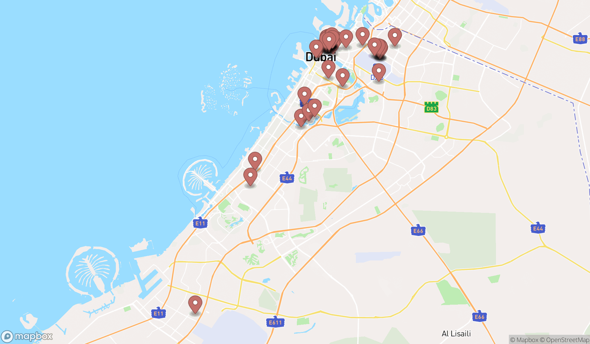 Map showing the search results in Dubai