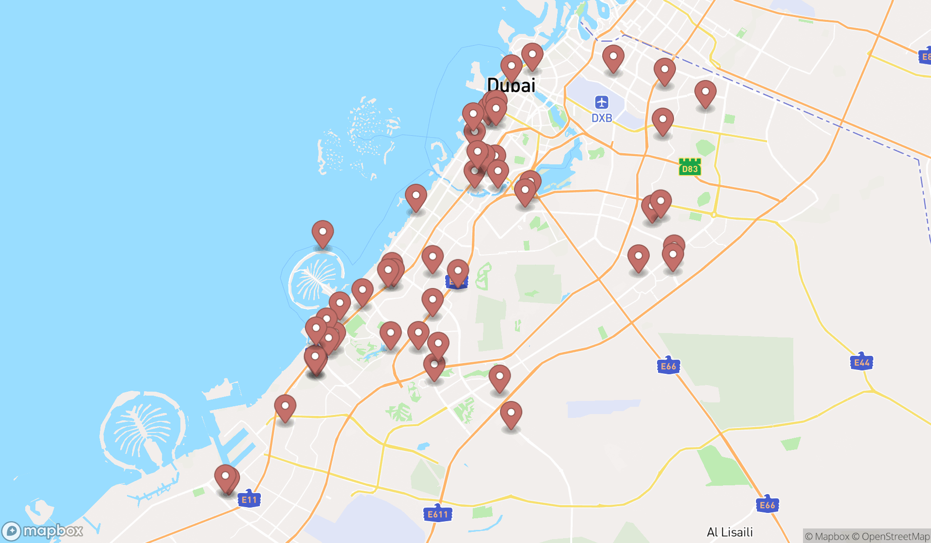 Map showing the search results in Dubai