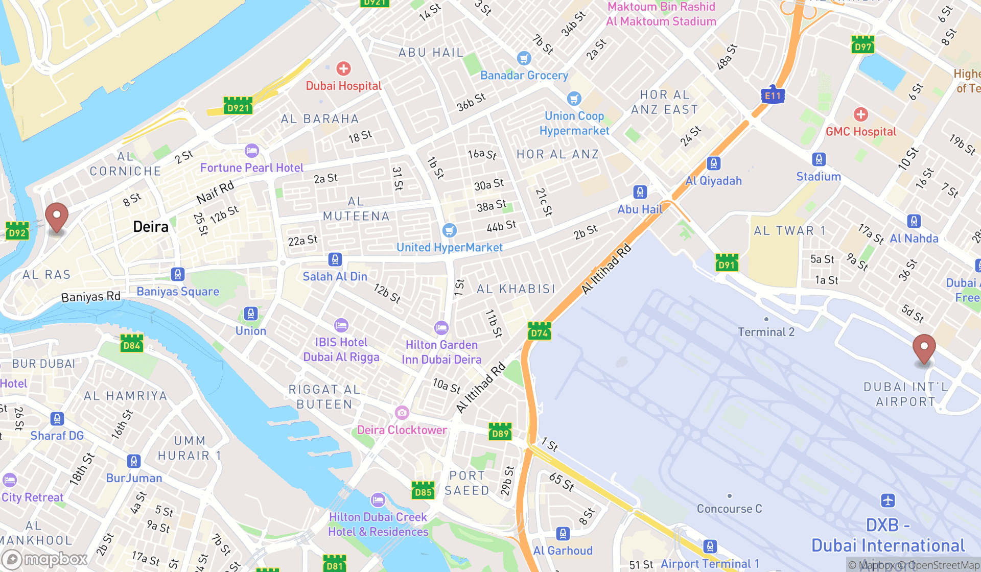 Map showing the search results in Dubai