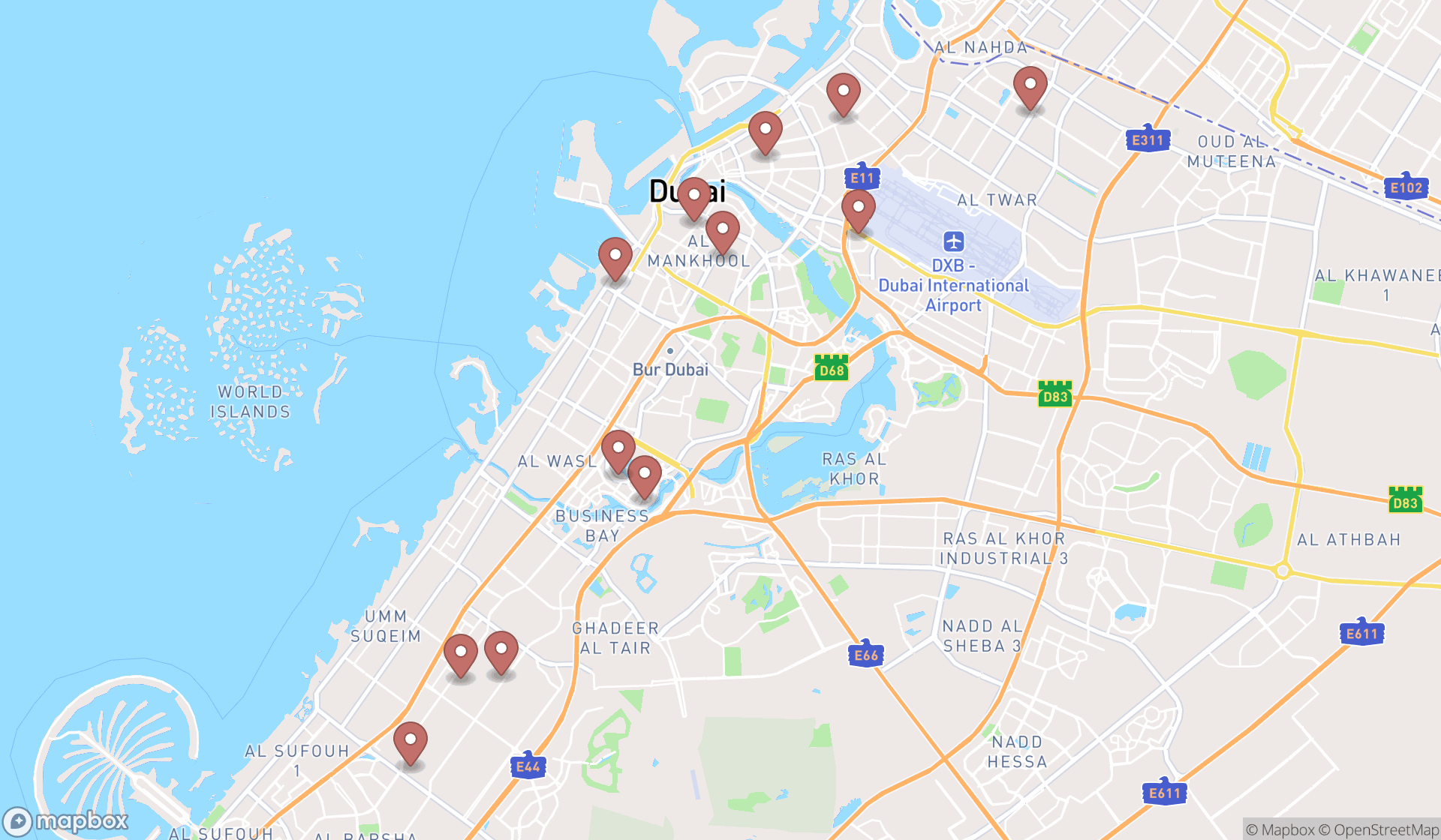 Map showing the search results in Dubai