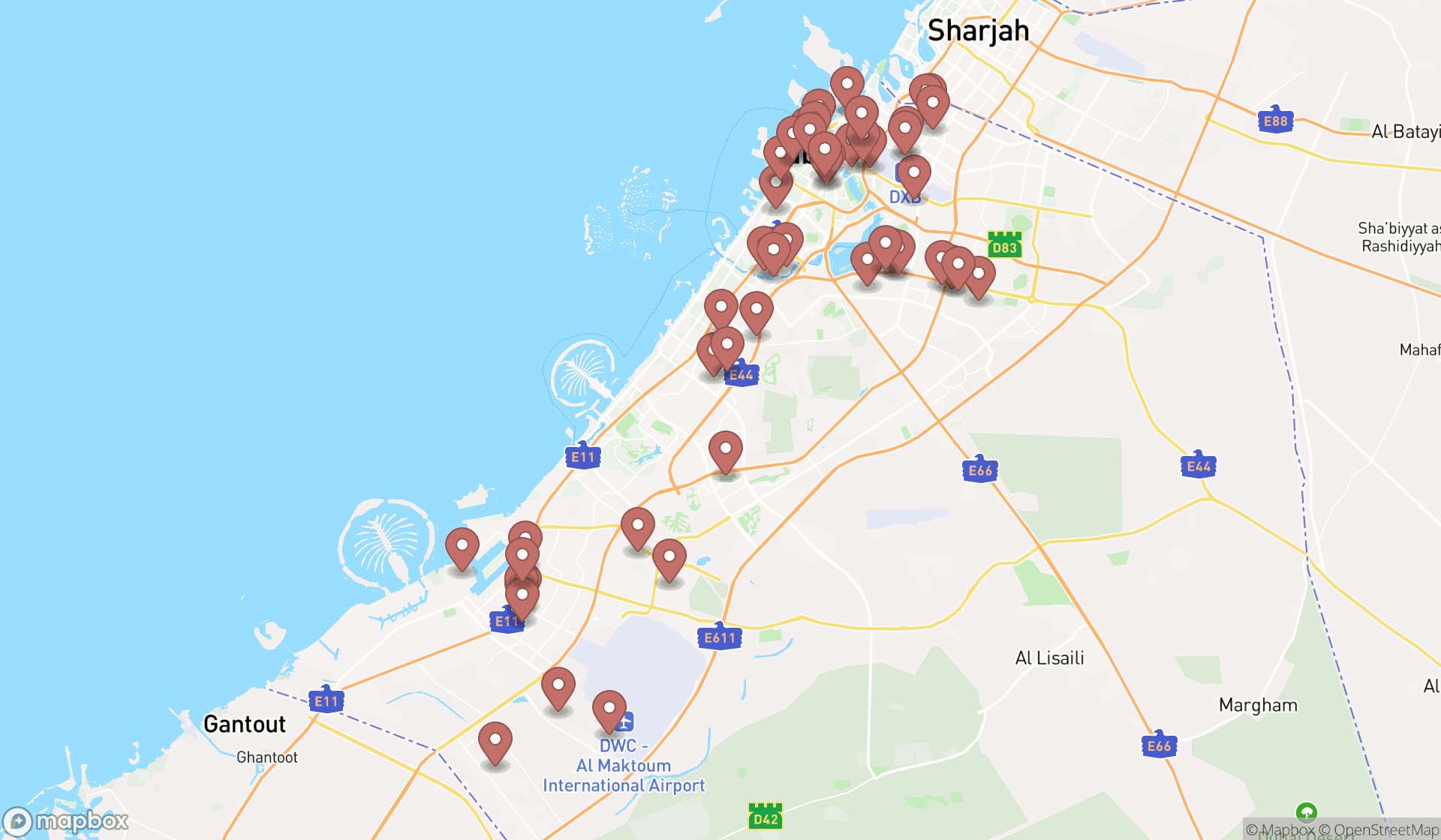Map showing the search results in Dubai
