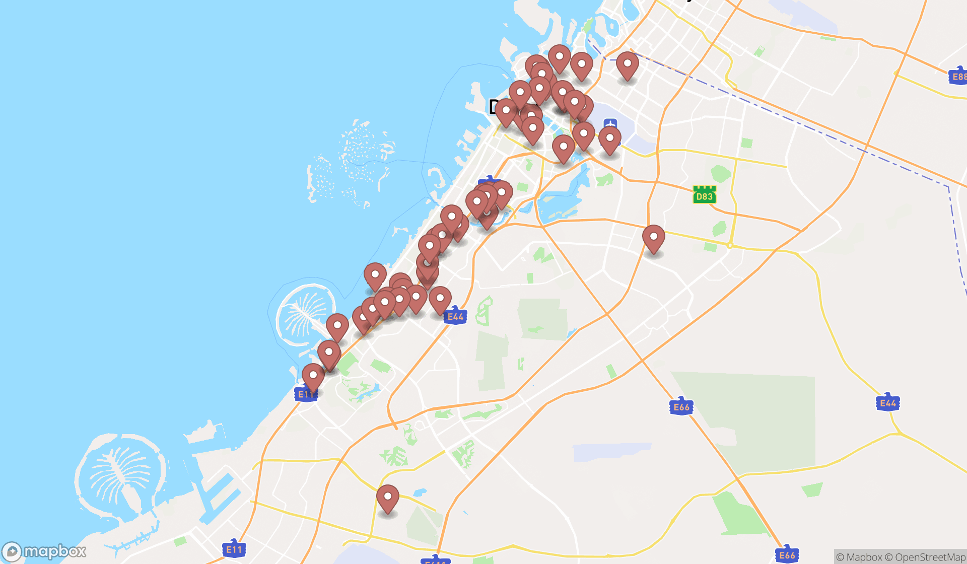 Map showing the search results in Dubai