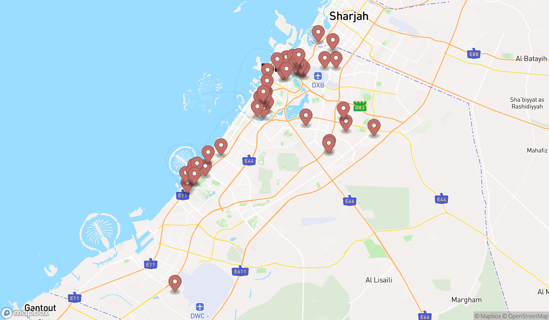 Map showing the search results in Dubai
