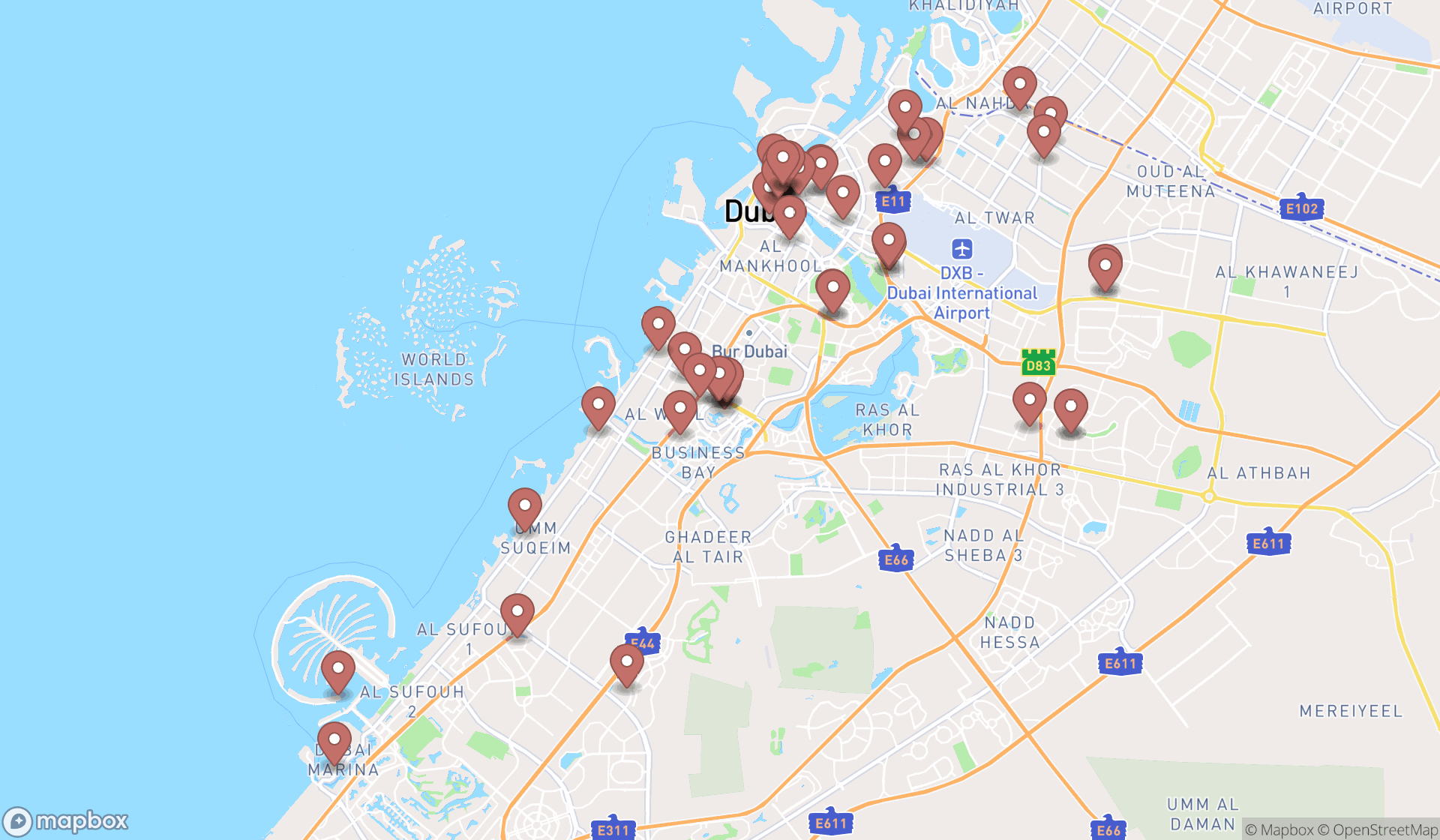 Map showing the search results in Dubai