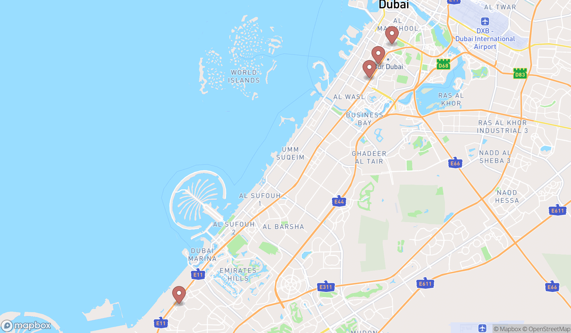 Map showing the search results in Dubai