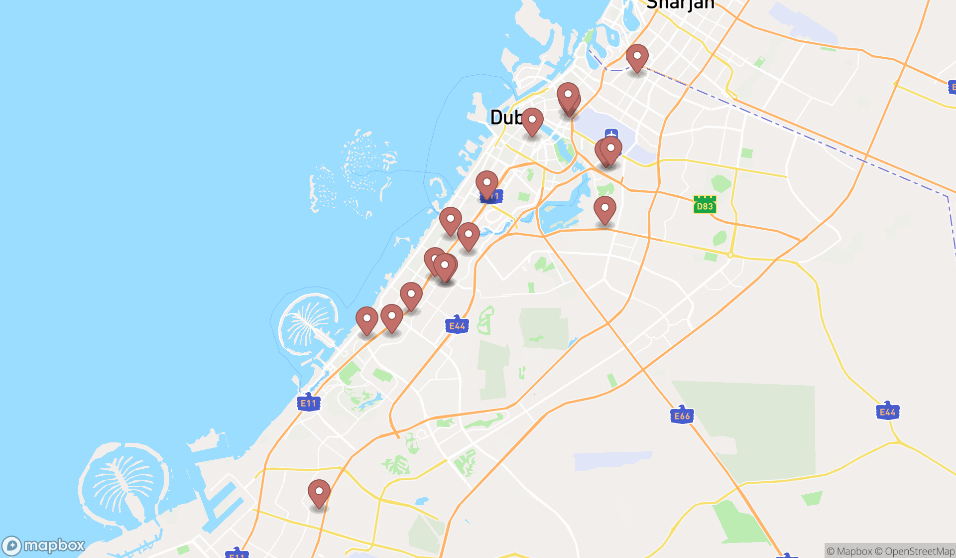 Map showing the search results in Dubai