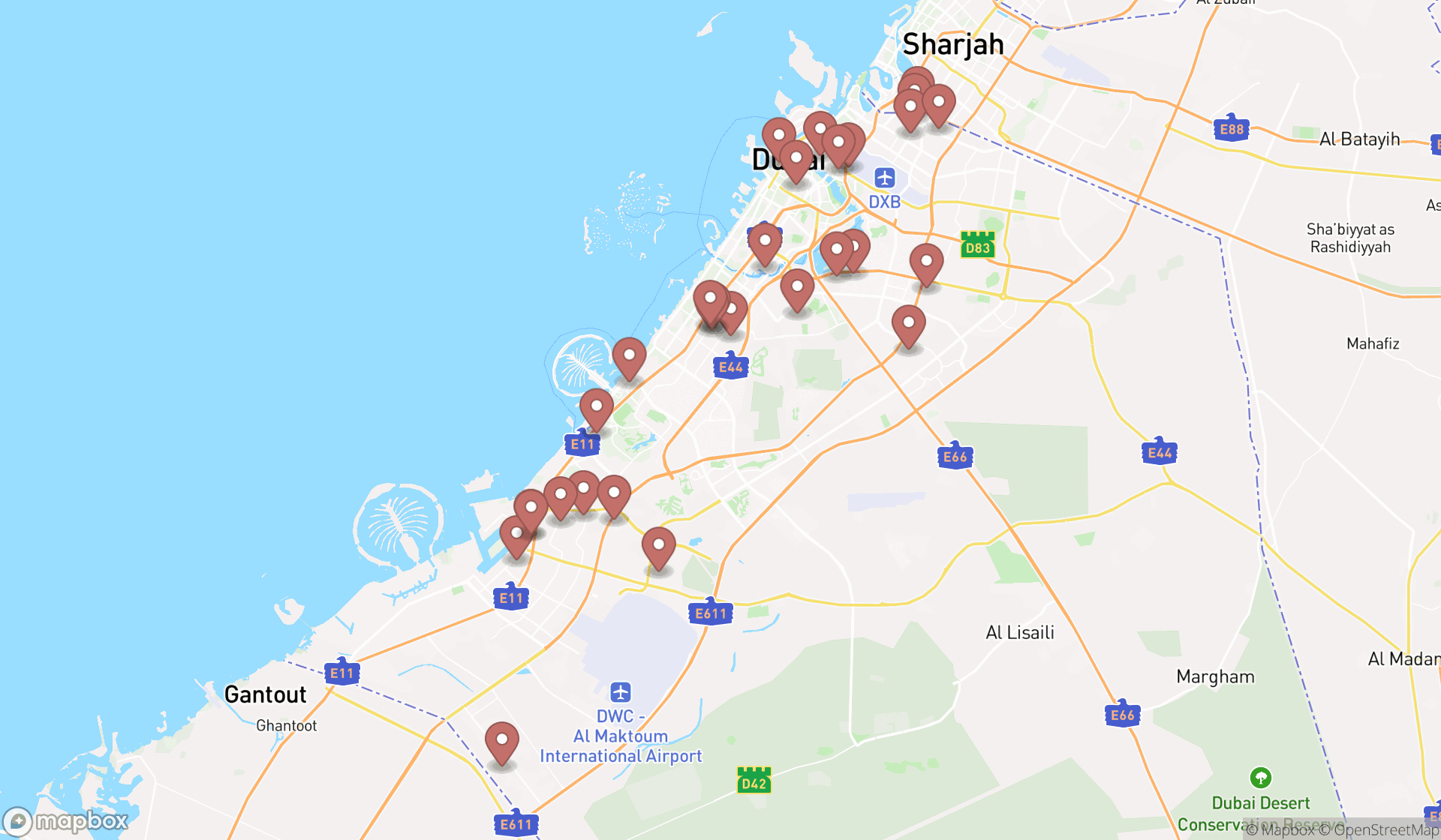 Map showing the search results in Dubai