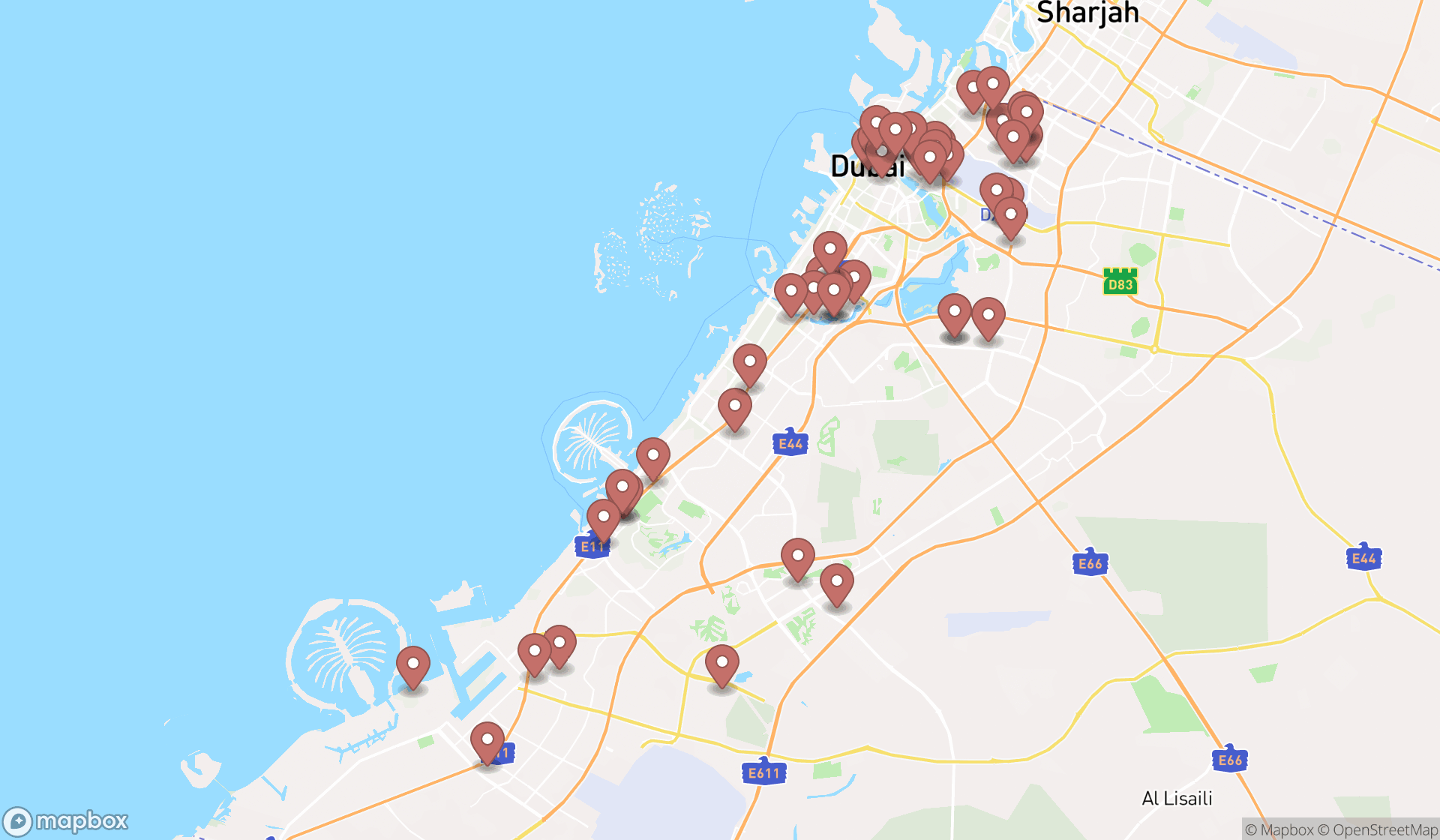 Map showing the search results in Dubai
