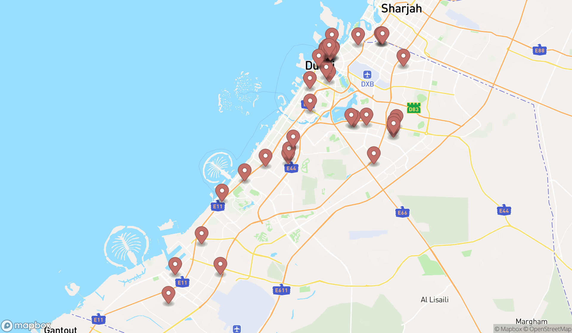 Map showing the search results in Dubai