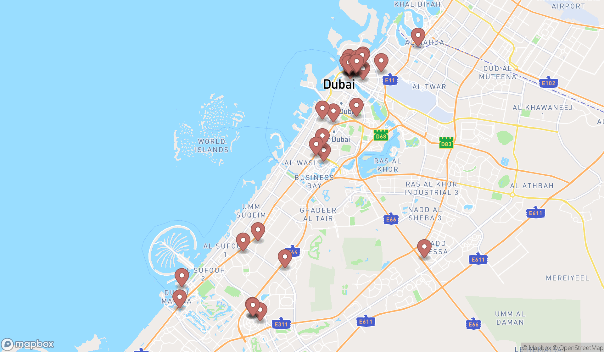 Map showing the search results in Dubai