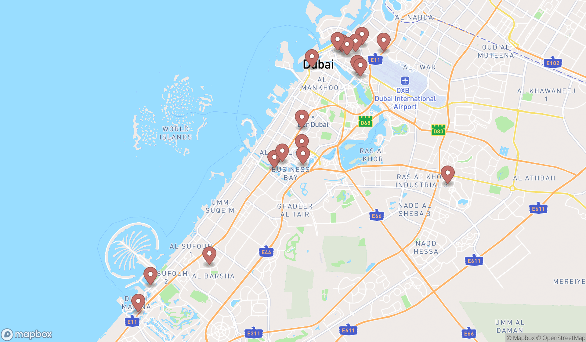 Map showing the search results in Dubai
