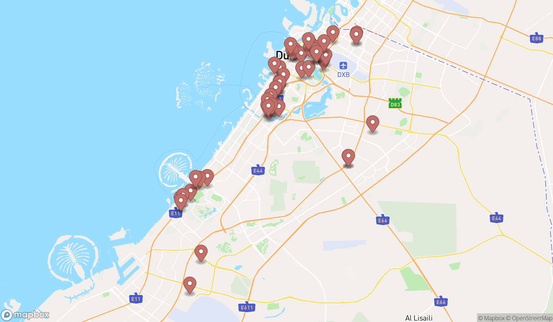 Map showing the search results in Dubai