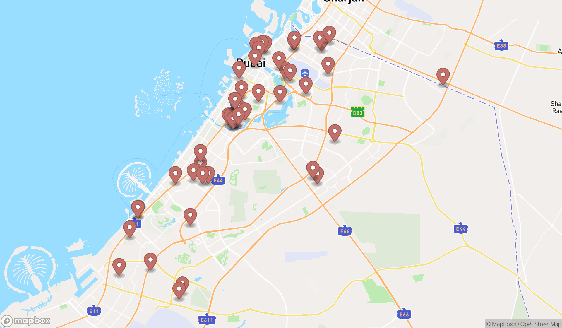 Map showing the search results in Dubai