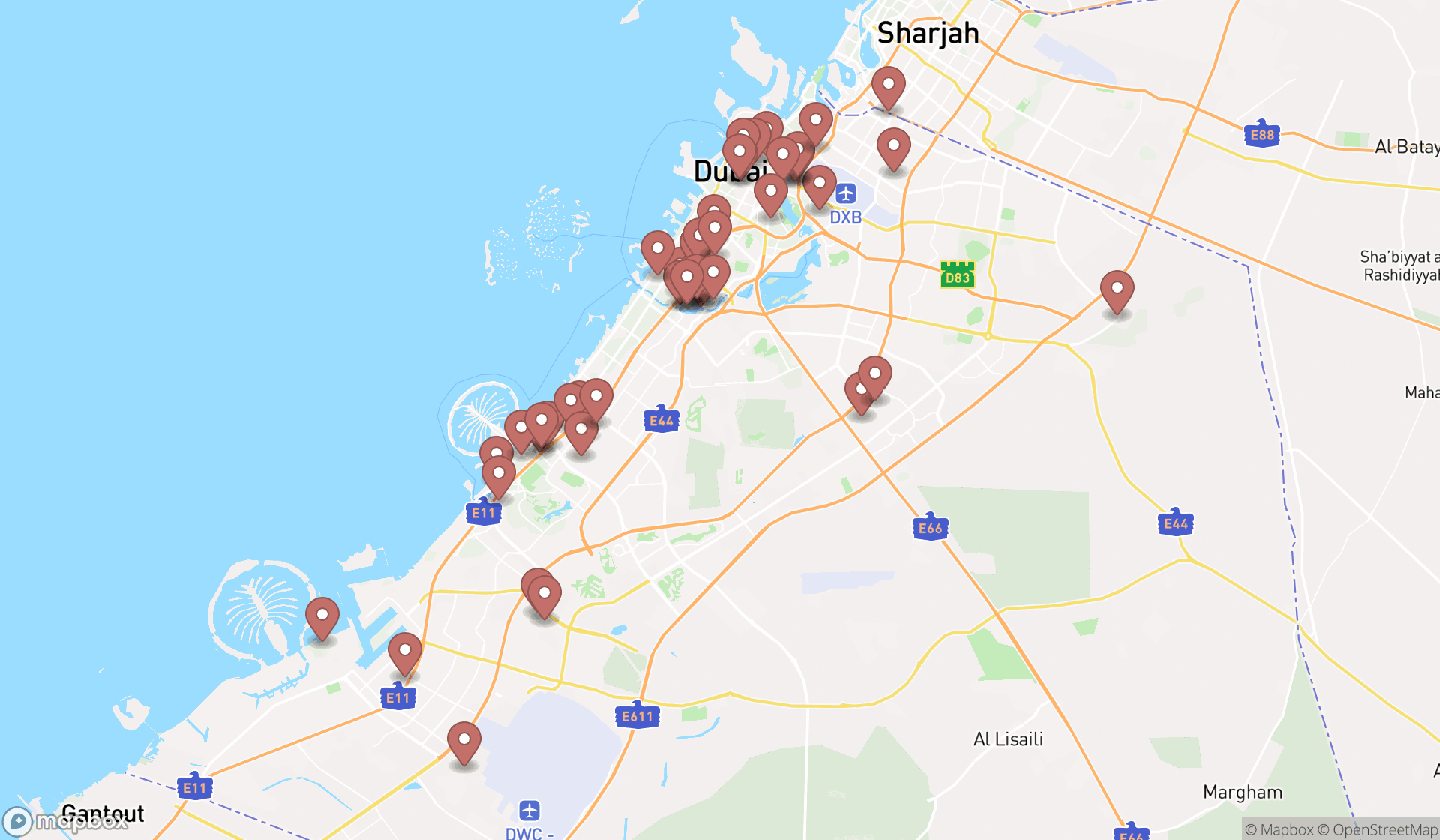 Map showing the search results in Dubai