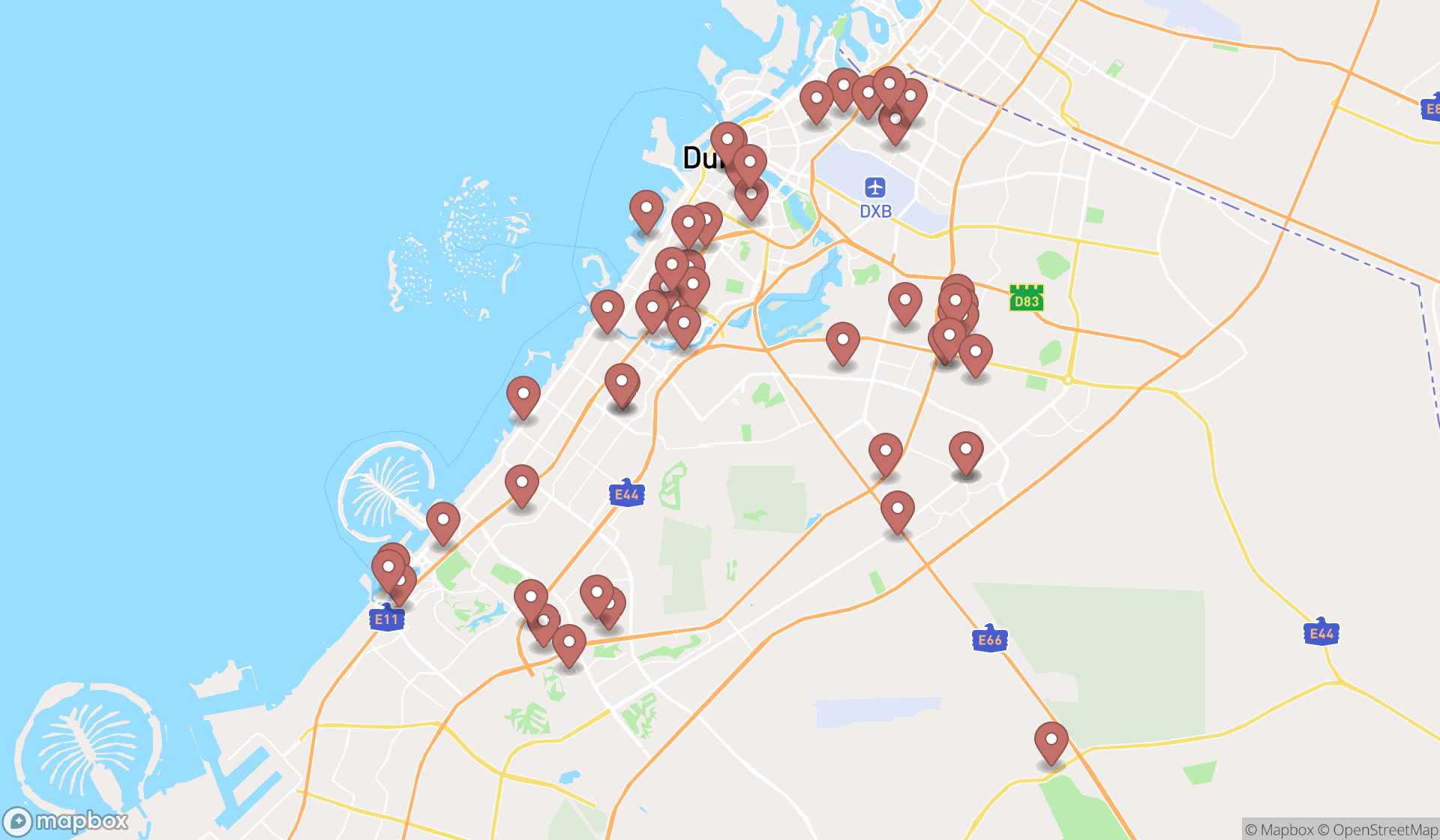 Map showing the search results in Dubai