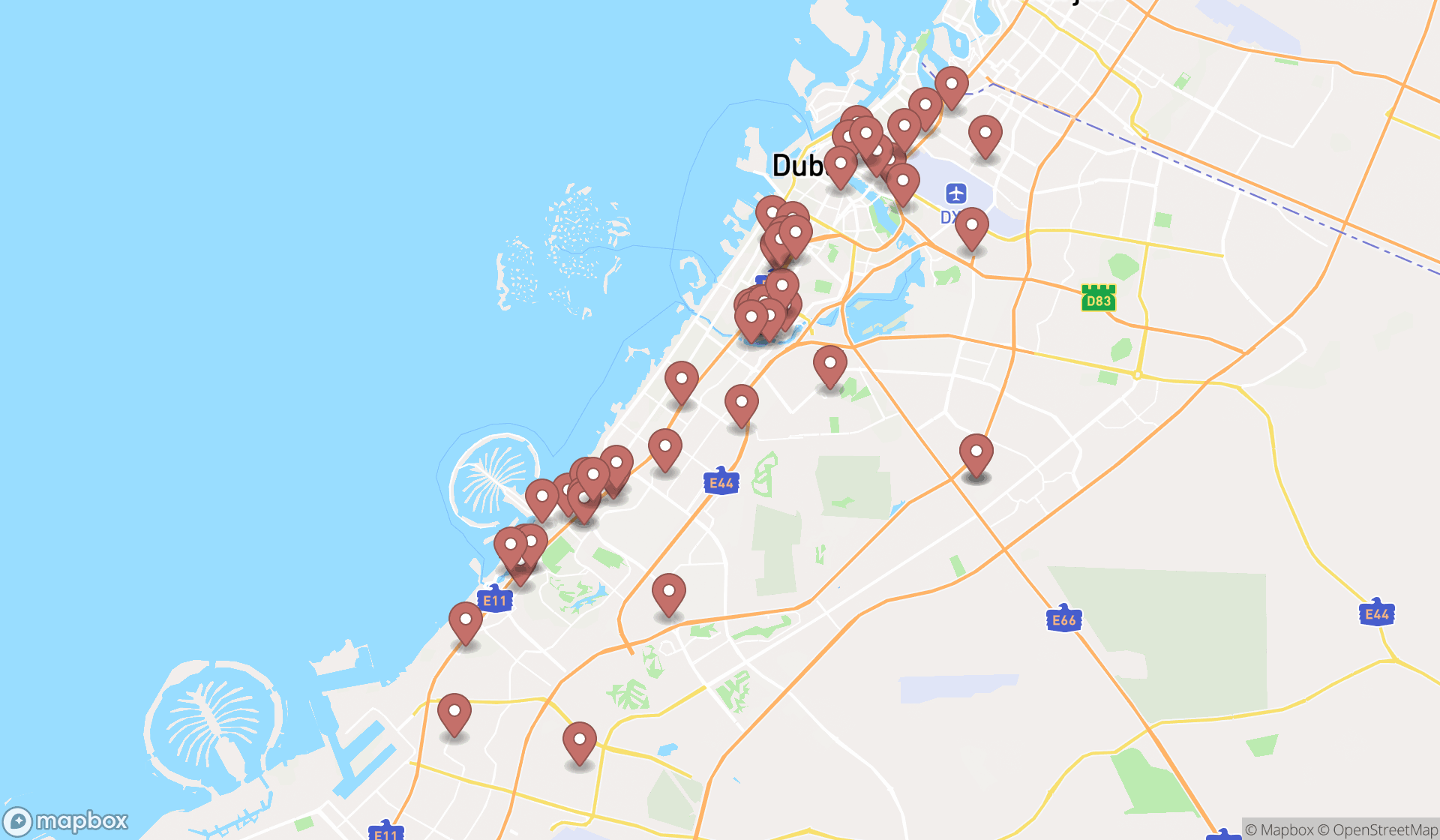 Map showing the search results in Dubai