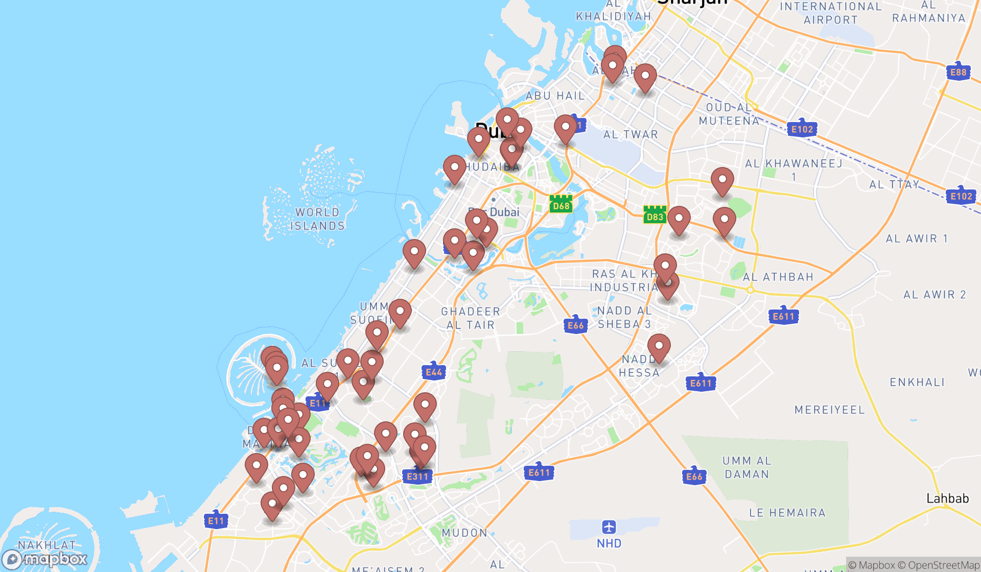Map showing the search results in Dubai