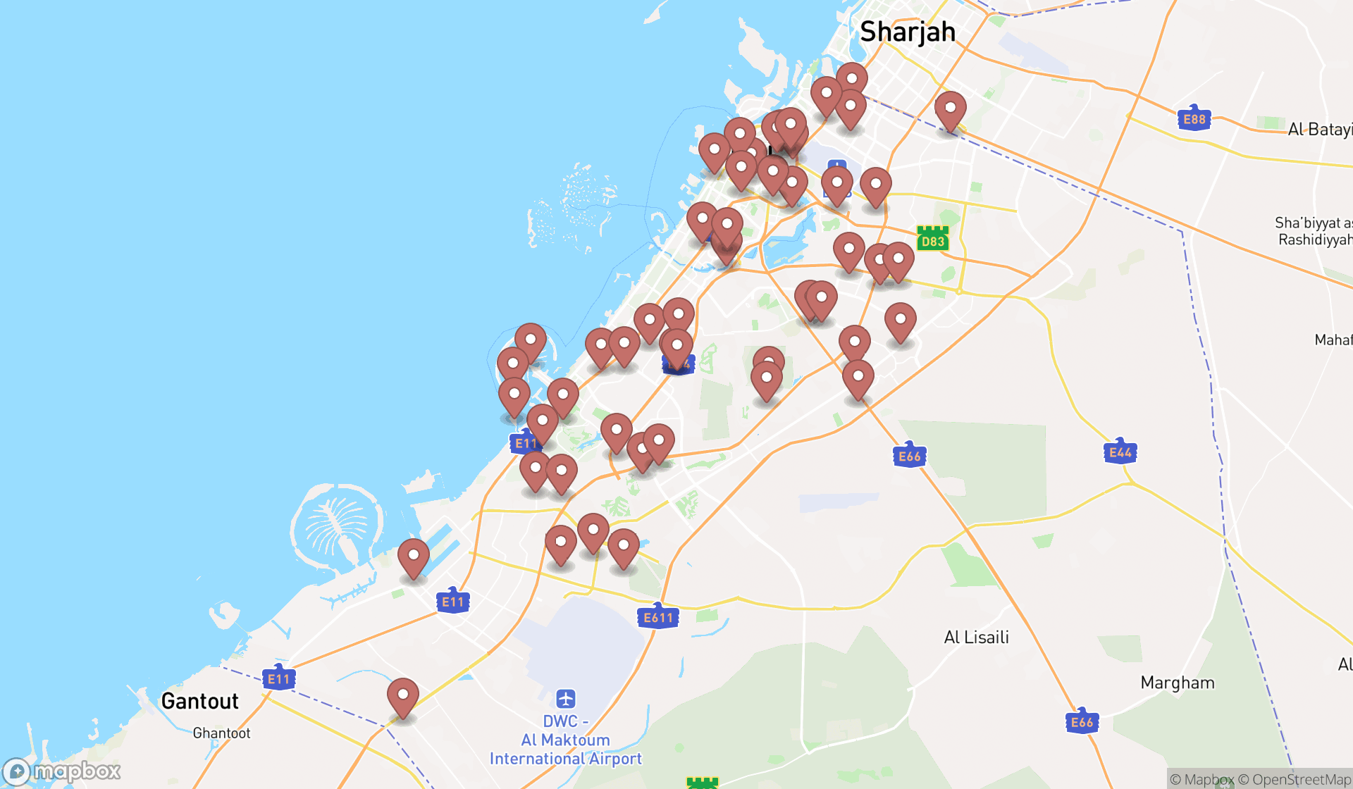 Map showing the search results in Dubai