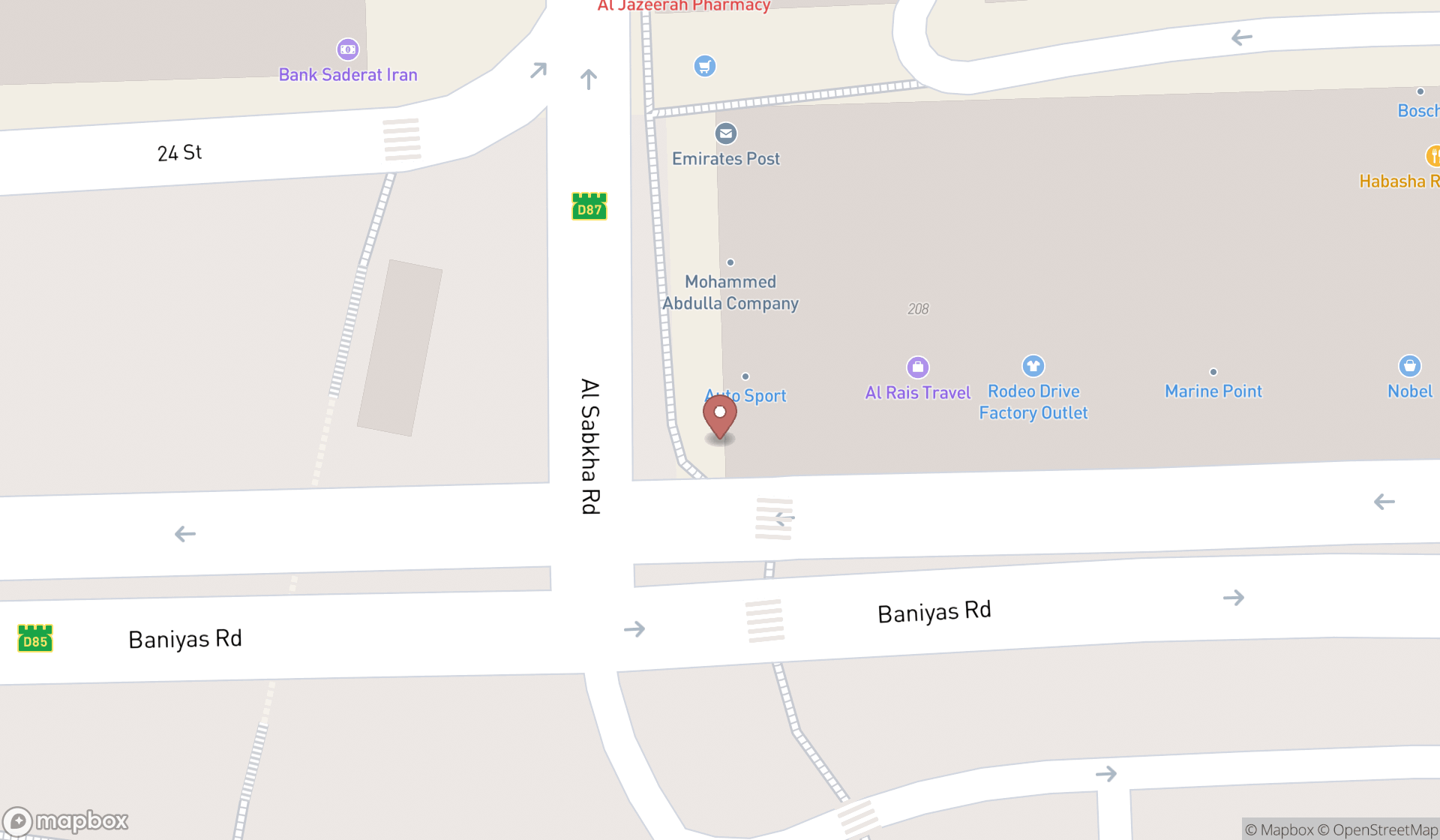 Map showing the search results in Dubai