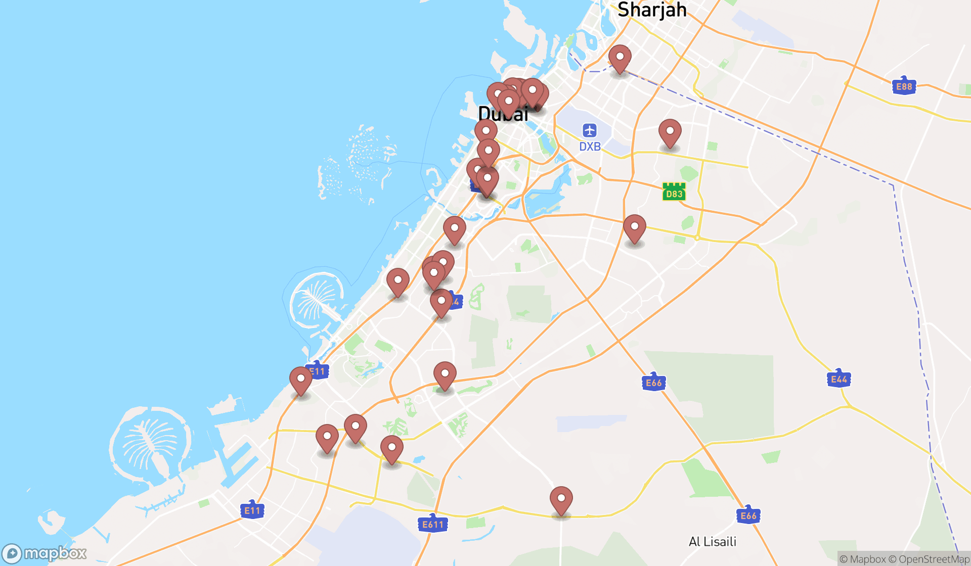 Map showing the search results in Dubai