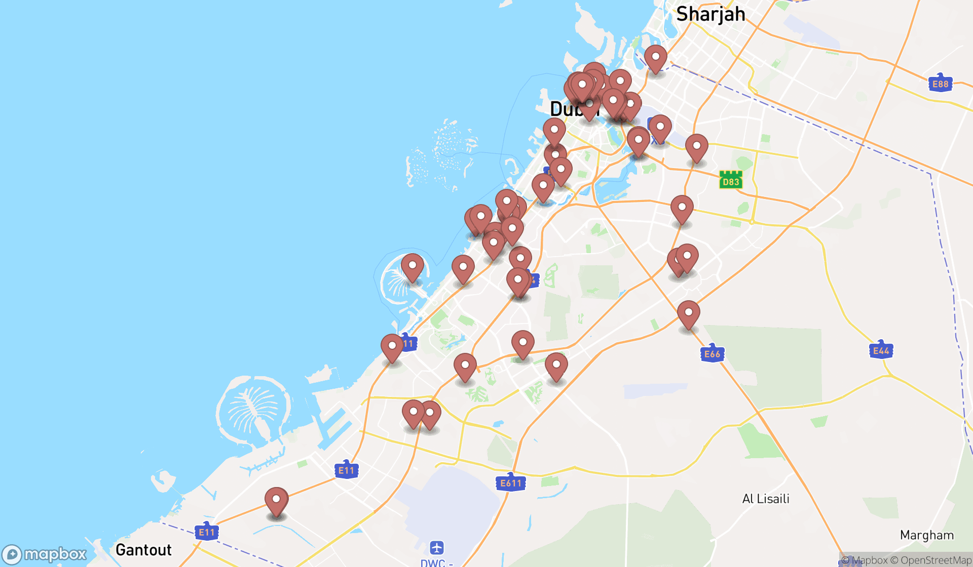 Map showing the search results in Dubai