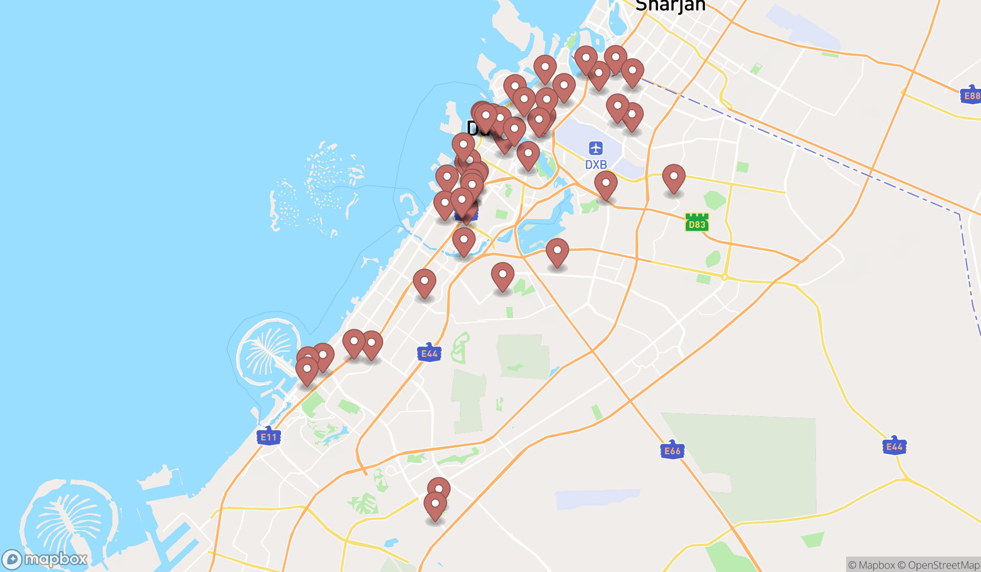 Map showing the search results in Dubai
