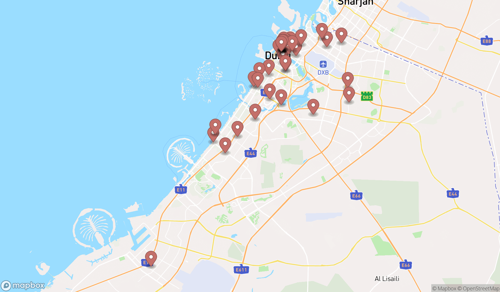 Map showing the search results in Dubai
