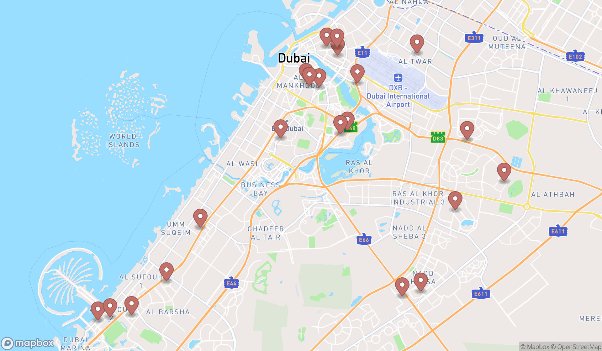 Map showing the search results in Dubai