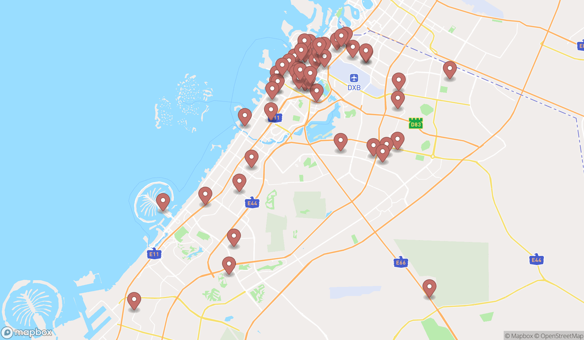 Map showing the search results in Dubai
