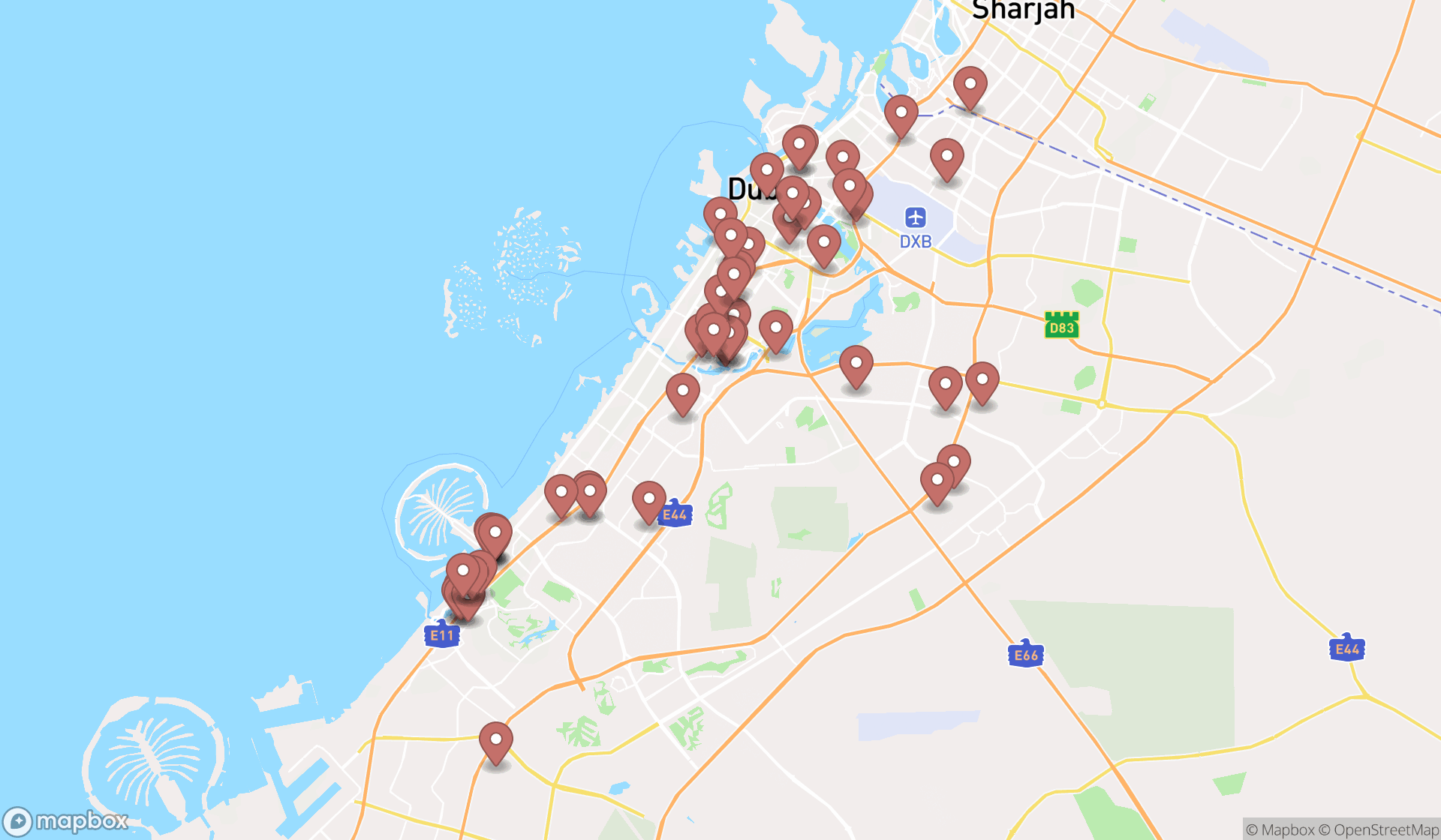 Map showing the search results in Dubai
