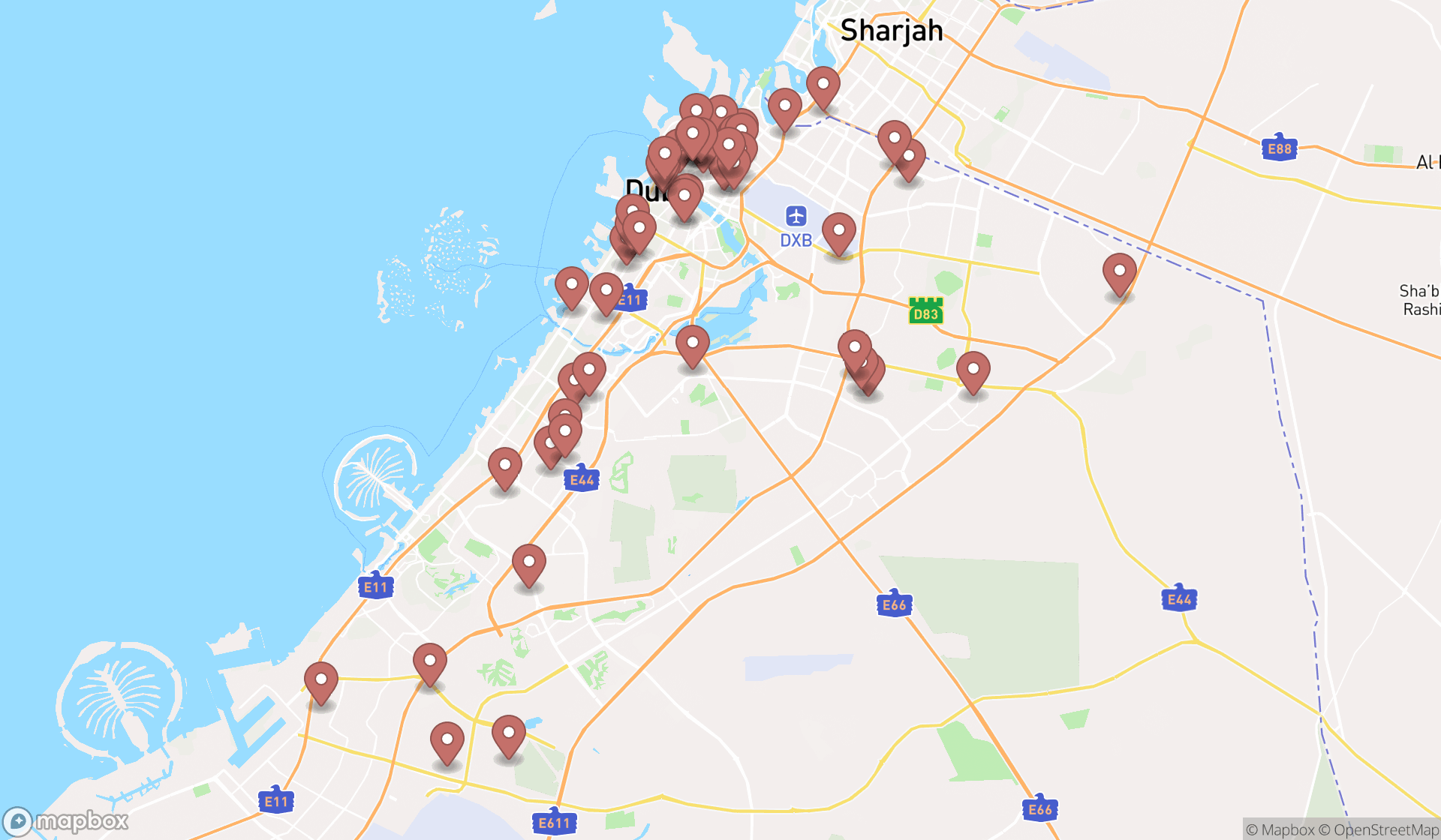 Map showing the search results in Dubai