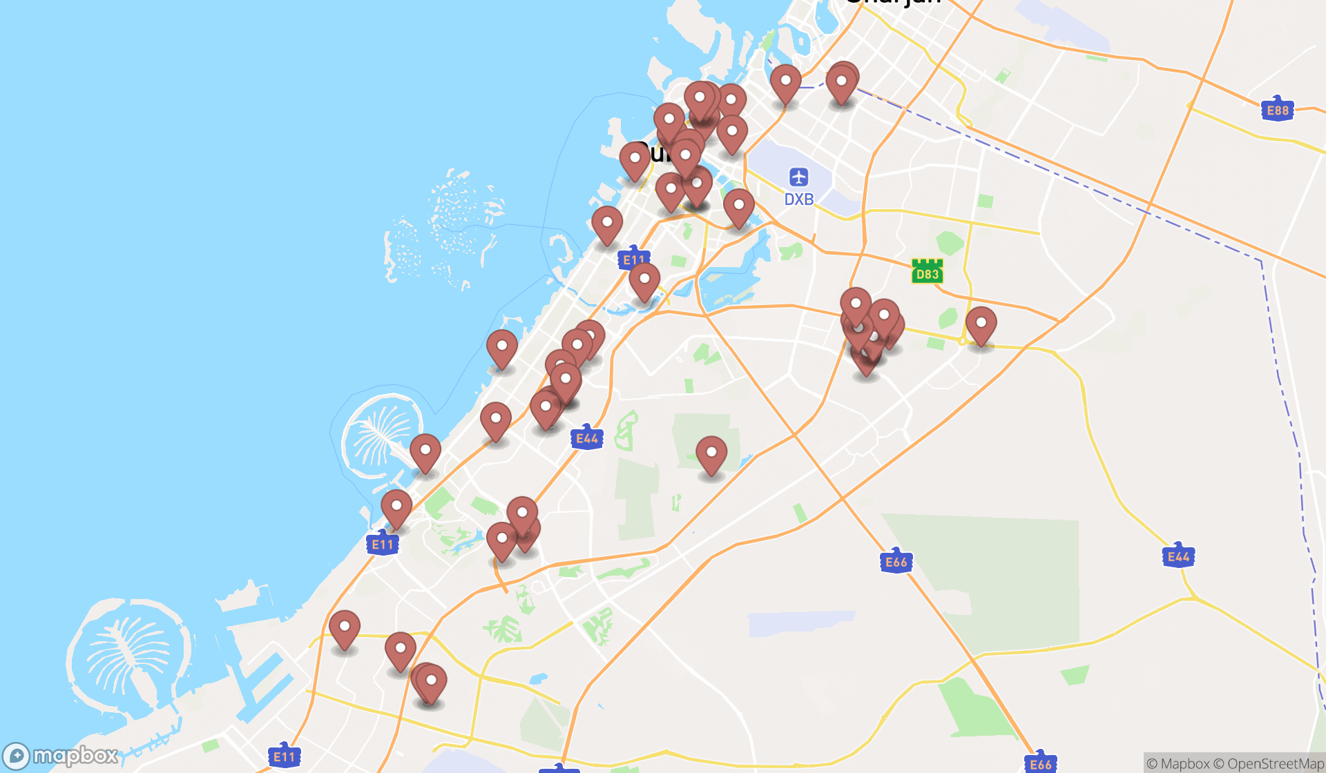 Map showing the search results in Dubai