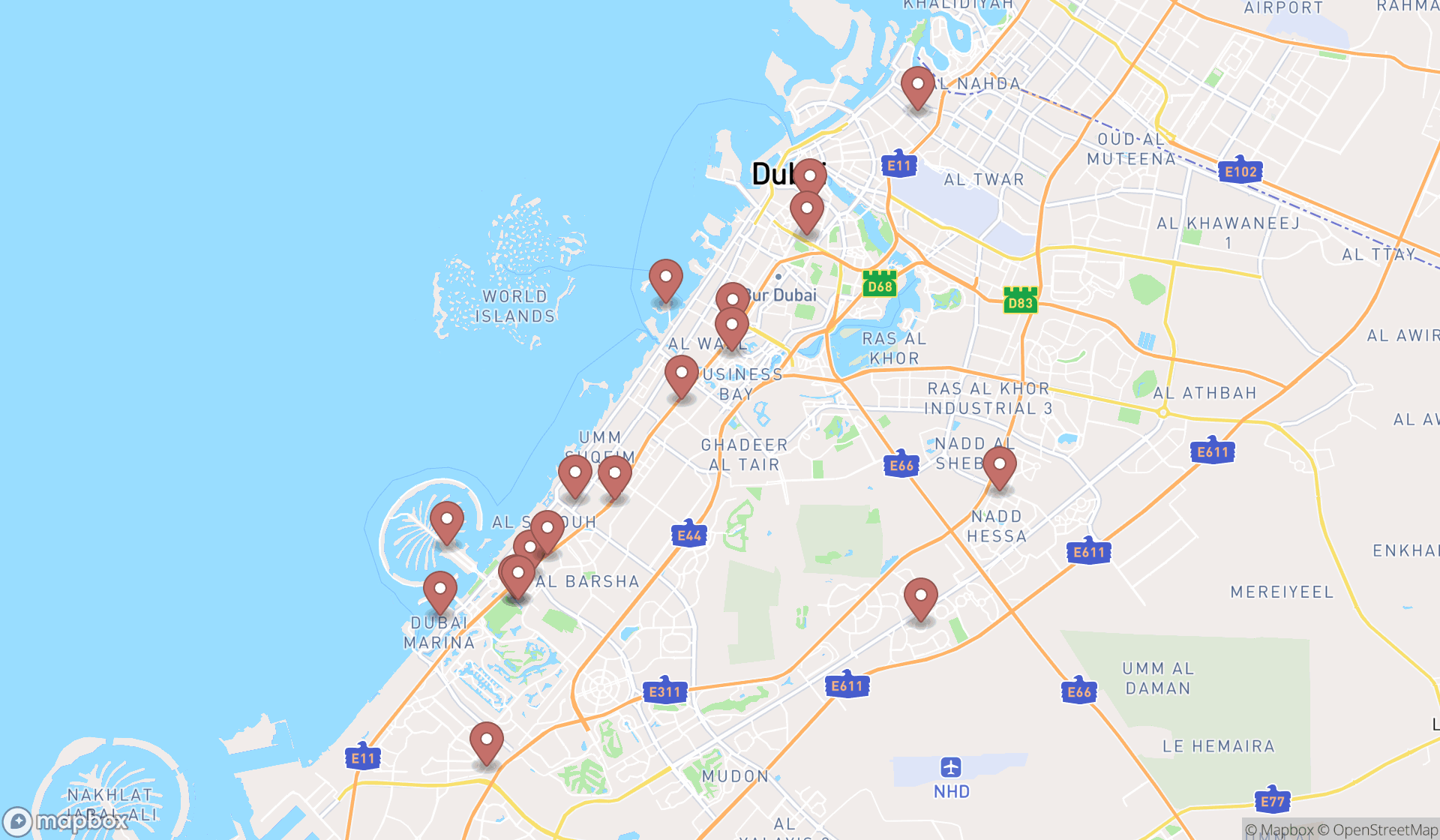 Map showing the search results in Dubai
