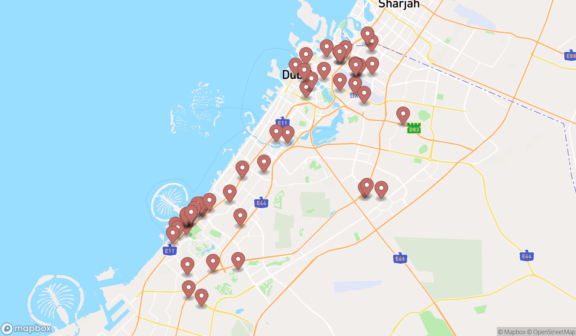 Map showing the search results in Dubai