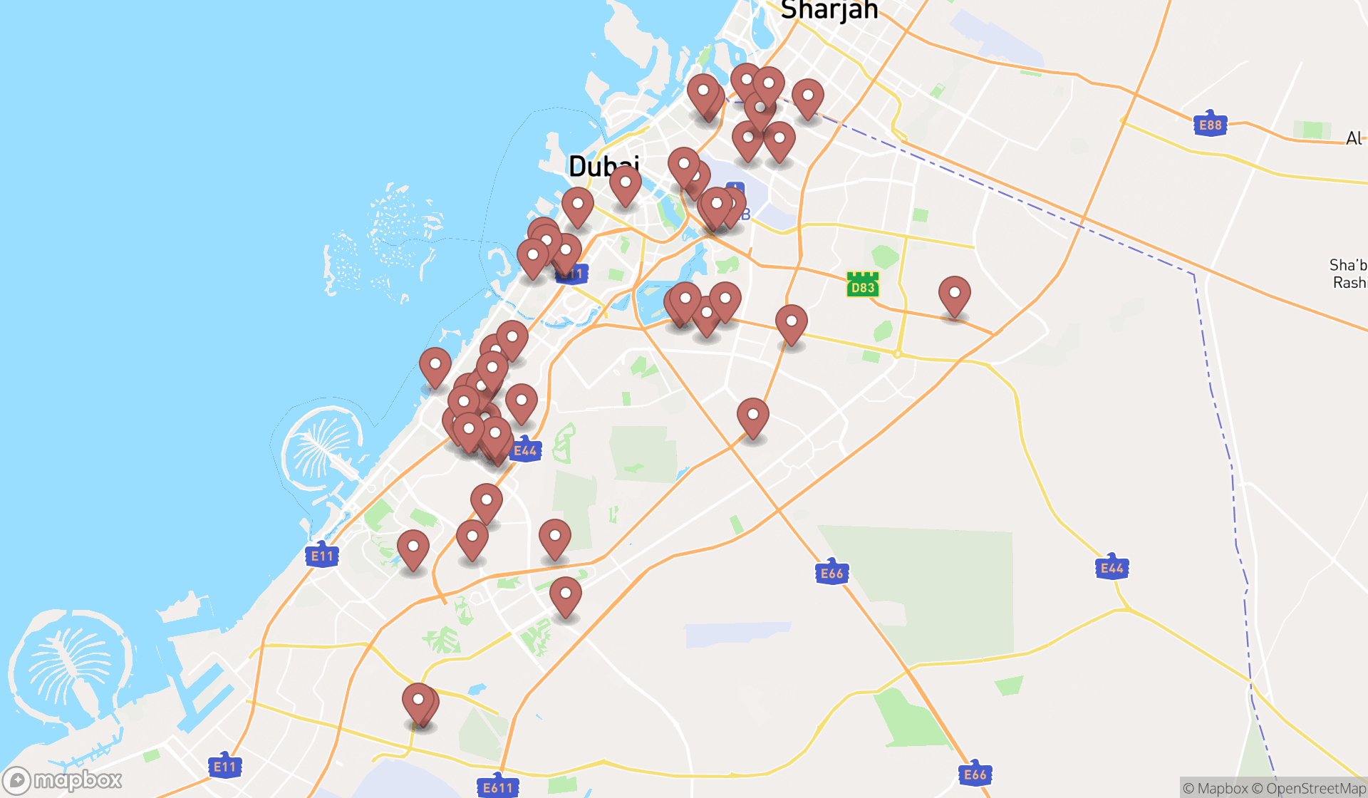 Map showing the search results in Dubai