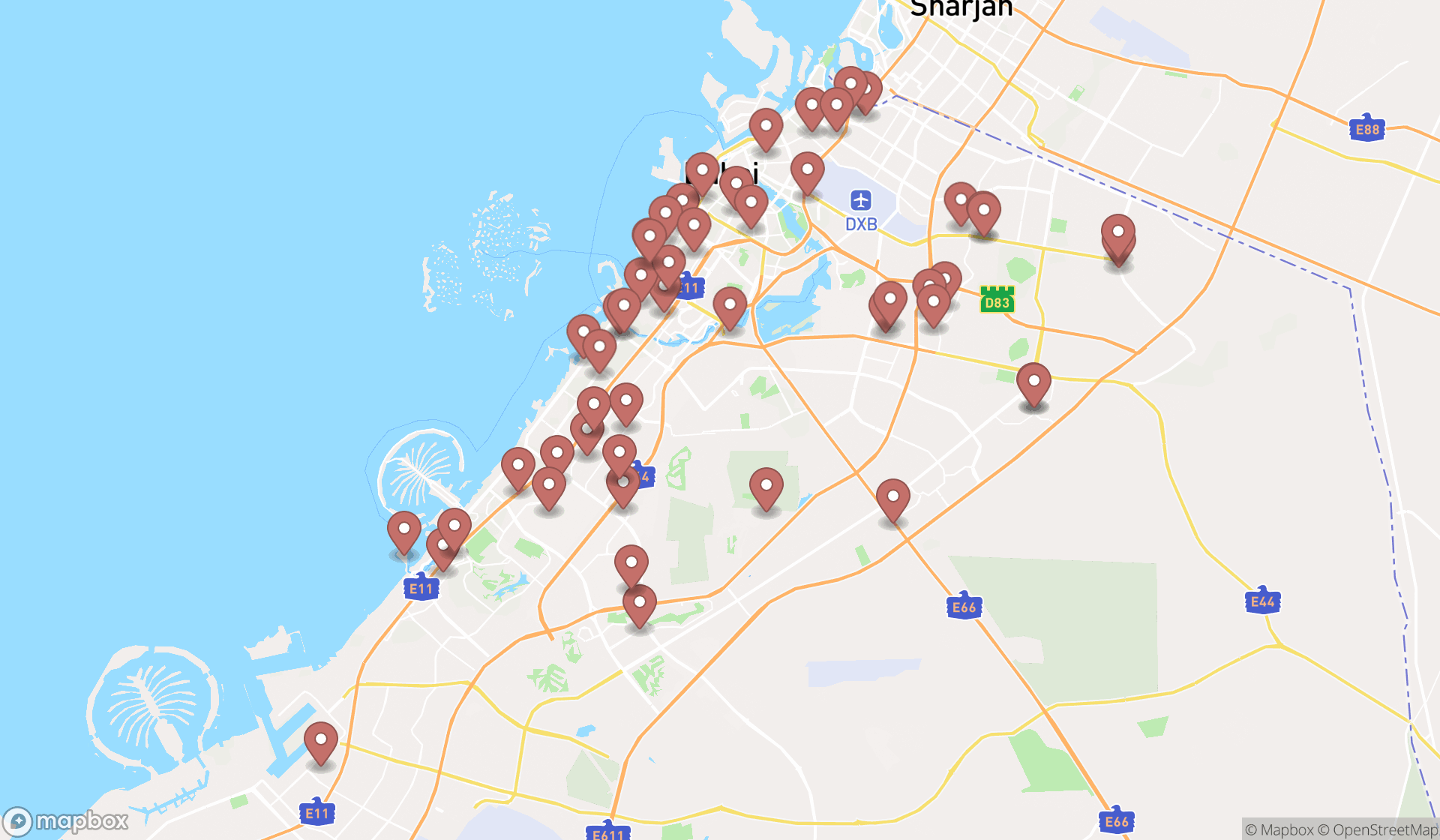 Map showing the search results in Dubai