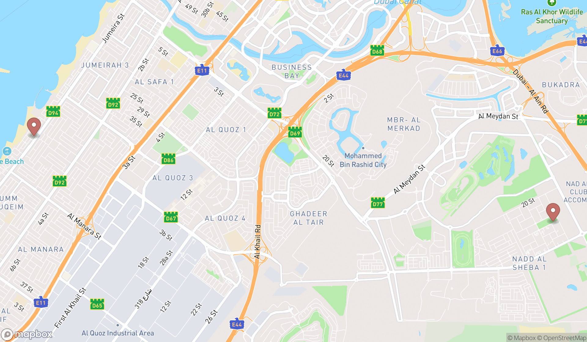 Map showing the search results in Dubai