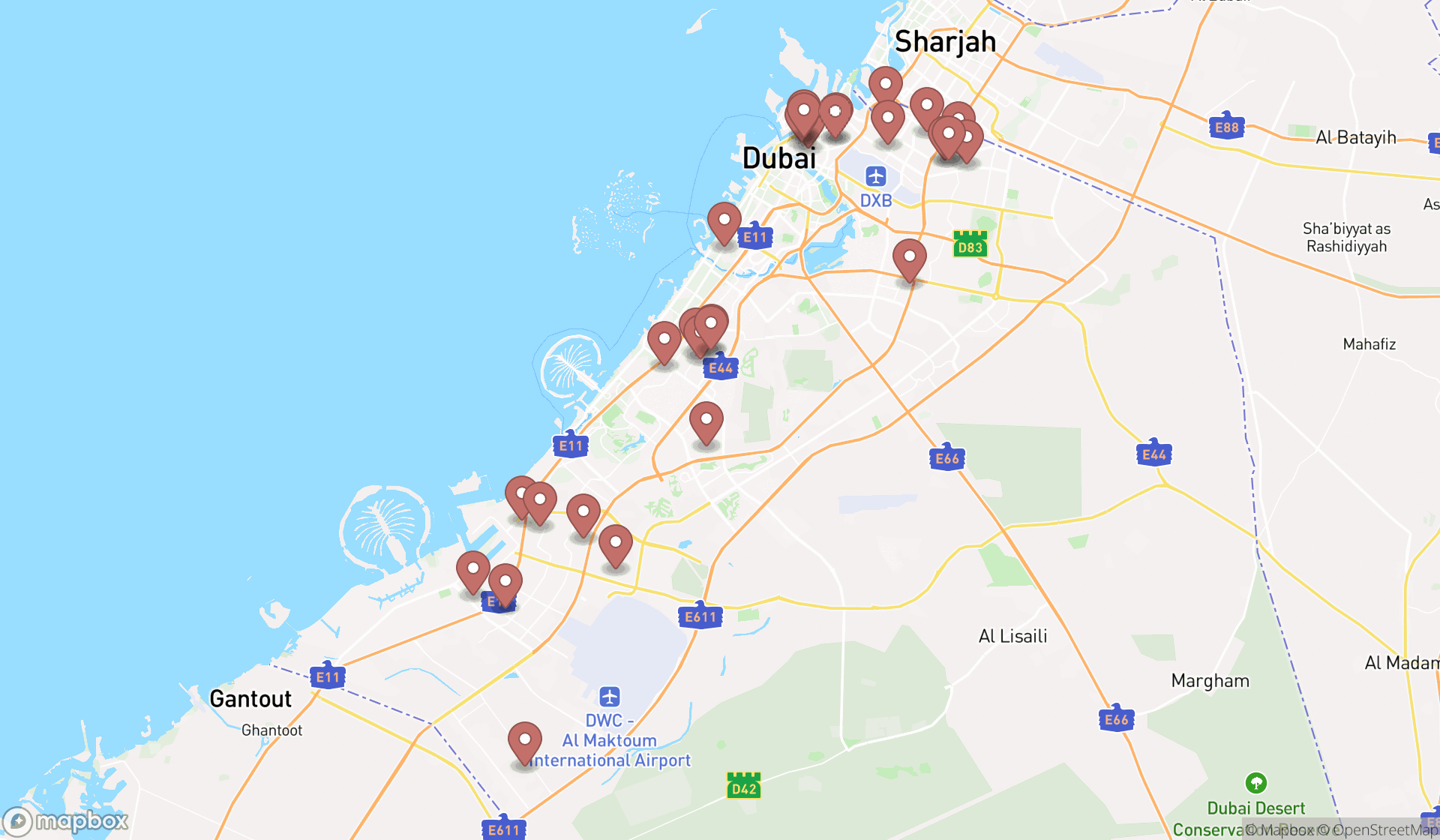 Map showing the search results in Dubai