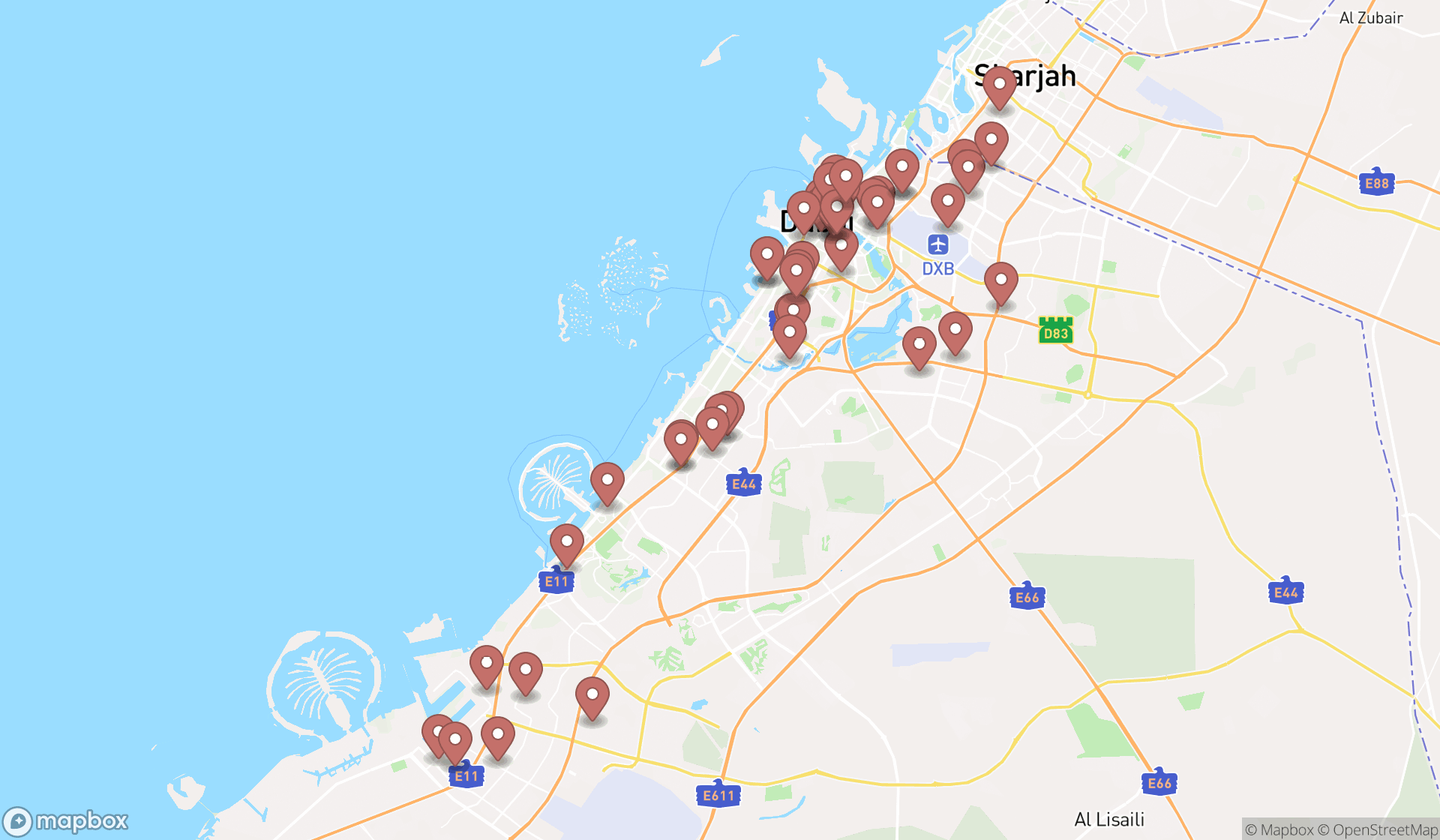 Map showing the search results in Dubai