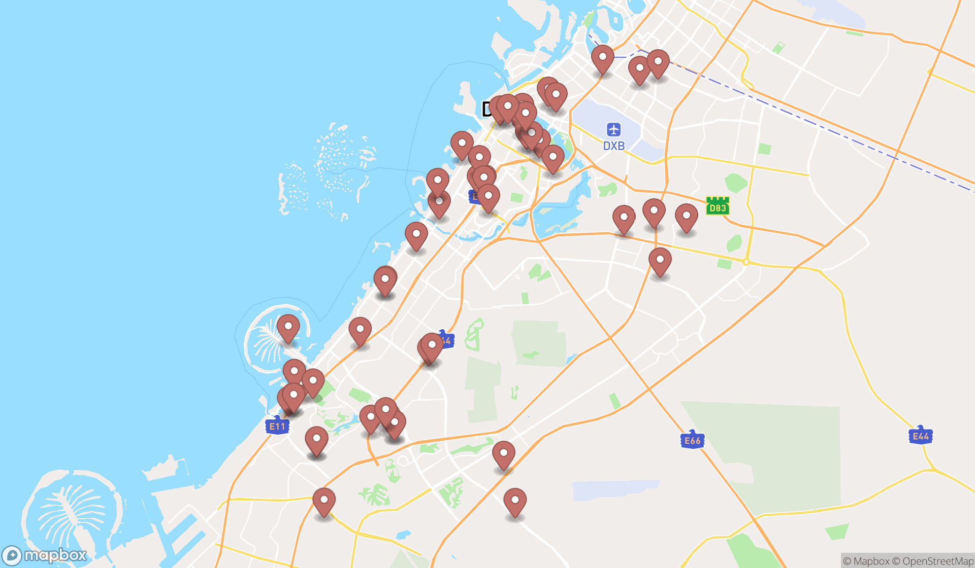 Map showing the search results in Dubai