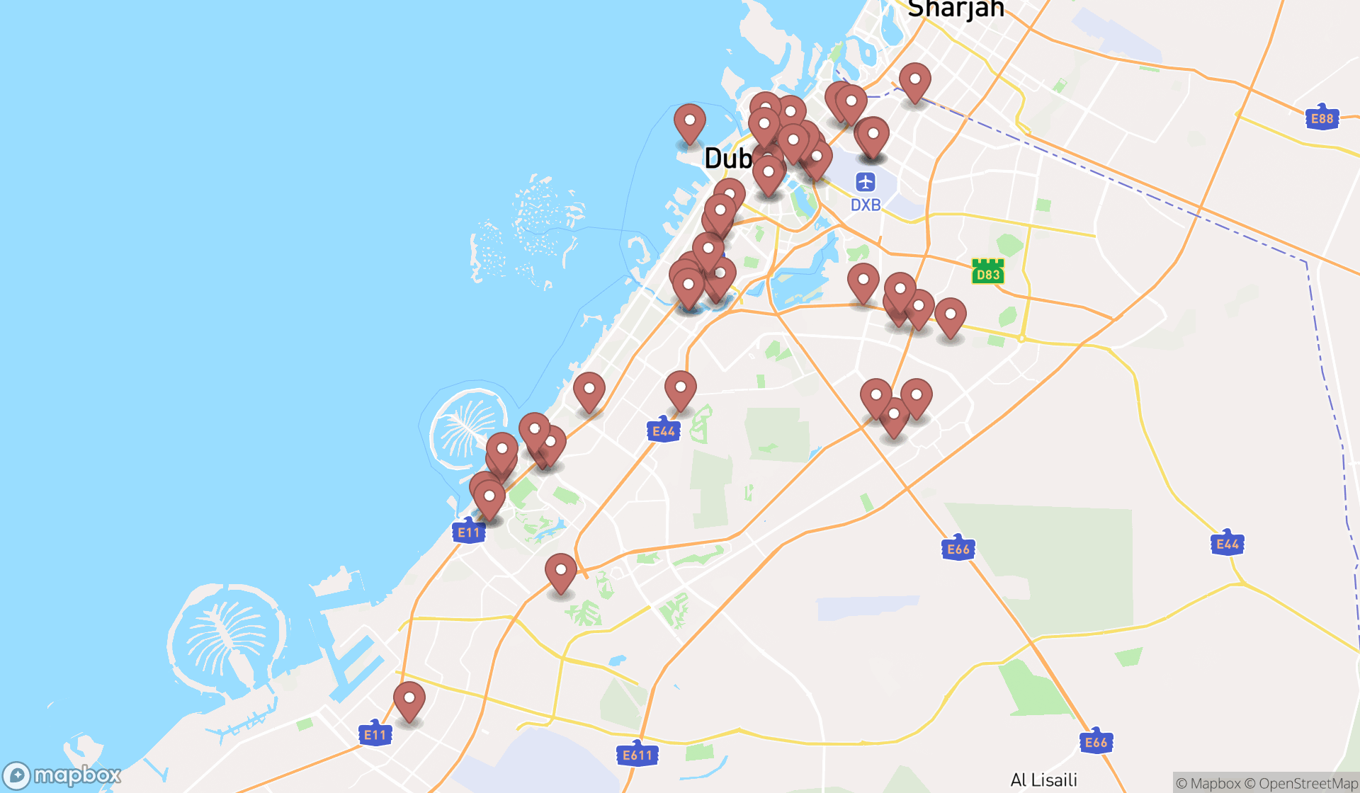 Map showing the search results in Dubai