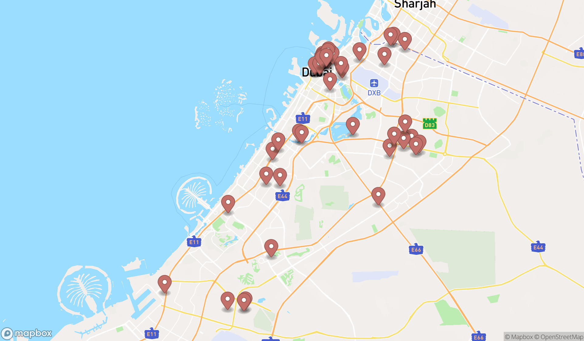 Map showing the search results in Dubai
