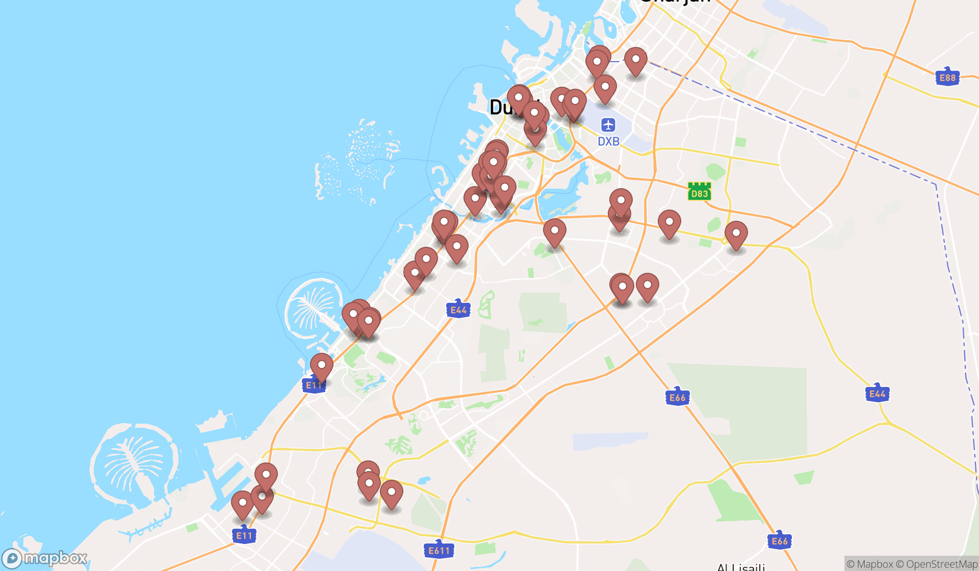 Map showing the search results in Dubai